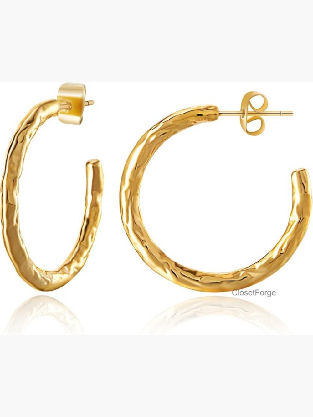 14K Gold Plated Hammered Hoop Earrings 30mm C-Shaped Studs